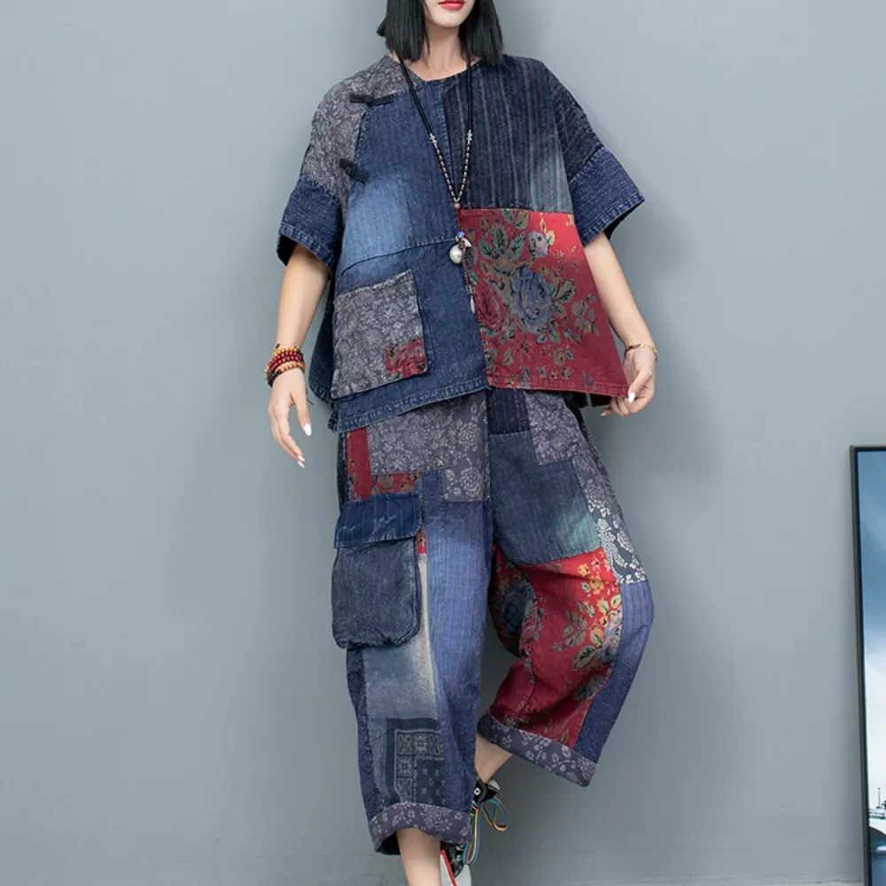 Diagonal Buckle Old Fabric Patchwork Short Sleeved Top + Cropped Pants Loose Two-piece Set Women Outfit 2024 Summer LX1307
Diagonal Buckle Old Fabric Patchwork Short Sleeved Top + Cropped Pants Loose Two-piece Set Women Outfit 2024 Summer LX1307