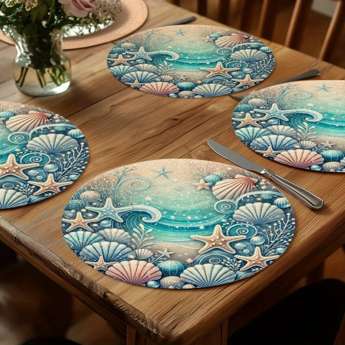 Pack of 4 15X15-inch polyester beachfront charm round placemats | Elegant shell and starfish design, perfect for party, kitchen, dining table decor
Pack of 4 15X15-inch polyester beachfront charm round placemats | Elegant shell and starfish design, perfect for party, kitchen, dining table decor