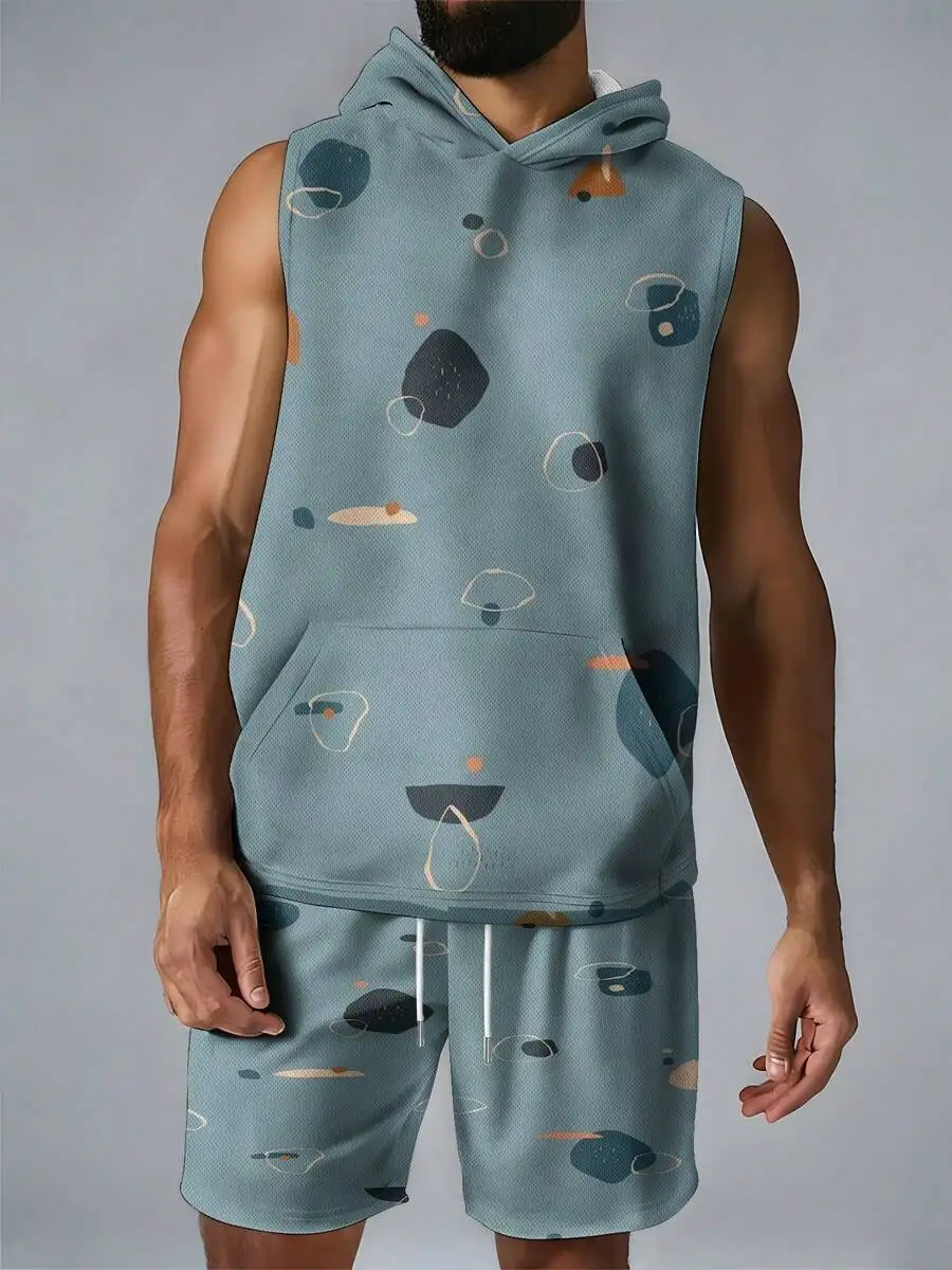 Mens Sleeveless Hooded Two-Piece Set With Abstract Multicolor Shapes, Breathable Summer Casual Sportswear Matching Shorts
Mens Sleeveless Hooded Two-Piece Set With Abstract Multicolor Shapes, Breathable Summer Casual Sportswear Matching Shorts