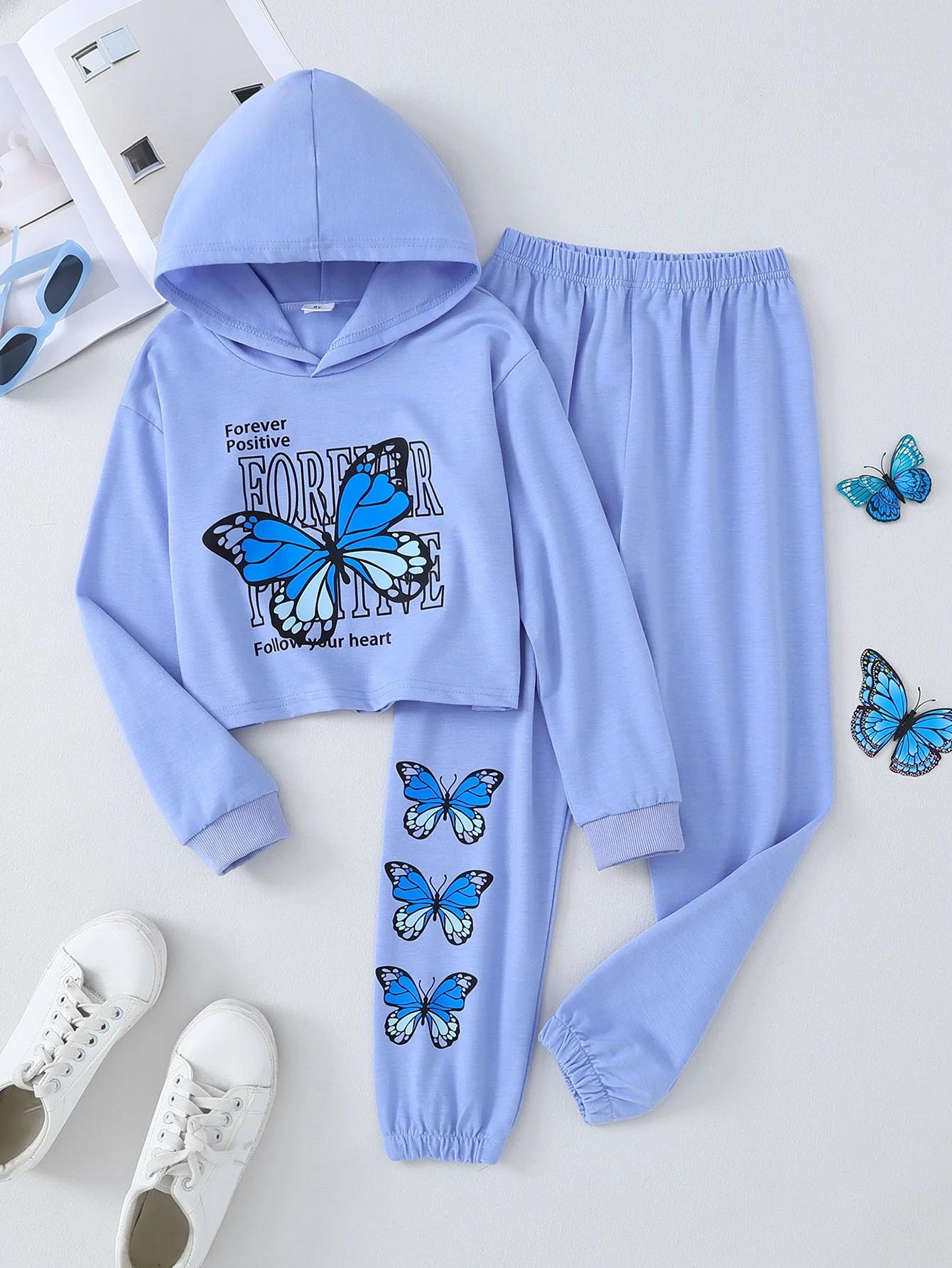 2-Piece Kids Hooded Outfit Fresh Trendy Style Butterfly Print + Letter Slogan + Cuffed Design For Boys & Girls Spring Autumn Dai
2-Piece Kids Hooded Outfit Fresh Trendy Style Butterfly Print + Letter Slogan + Cuffed Design For Boys & Girls Spring Autumn Dai