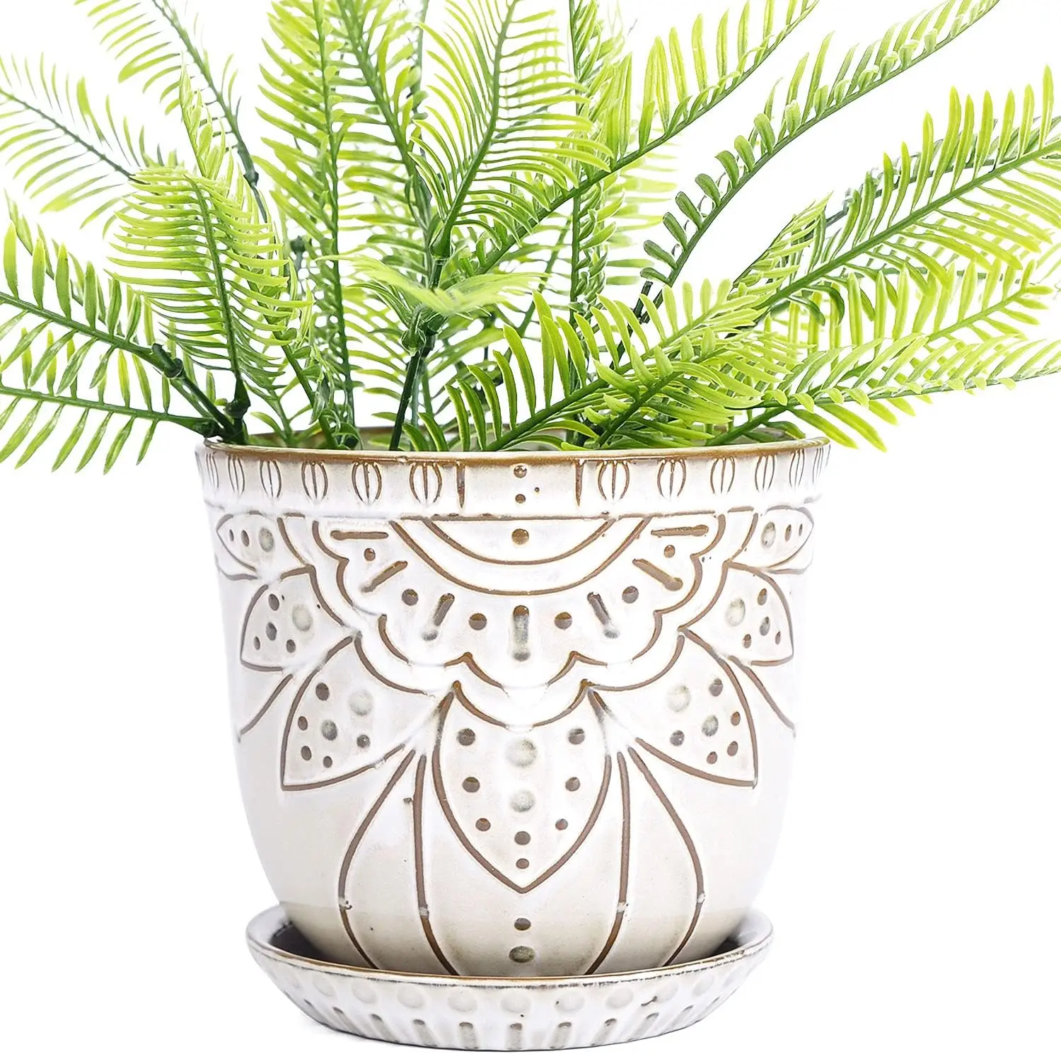 5.9" Round Bohemian Ceramic Planter, Geometric Engraved Off White Brown Pot, Indoor Outdoor Flower Container
5.9" Round Bohemian Ceramic Planter, Geometric Engraved Off White Brown Pot, Indoor Outdoor Flower Container