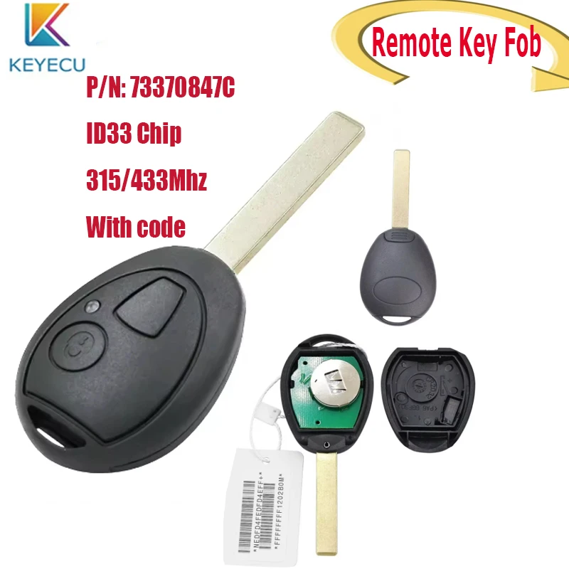KEYECU Smart Remote Key FOB for Rover 75 for Mini Cooper S R50 R53 Hatch 2001-2005 2Button 315/433MHz ID33 Chip P/N: 73370847C
KEYECU Smart Remote Key FOB for Rover 75 for Mini Cooper S R50 R53 Hatch 2001-2005 2Button 315/433MHz ID33 Chip P/N: 73370847C