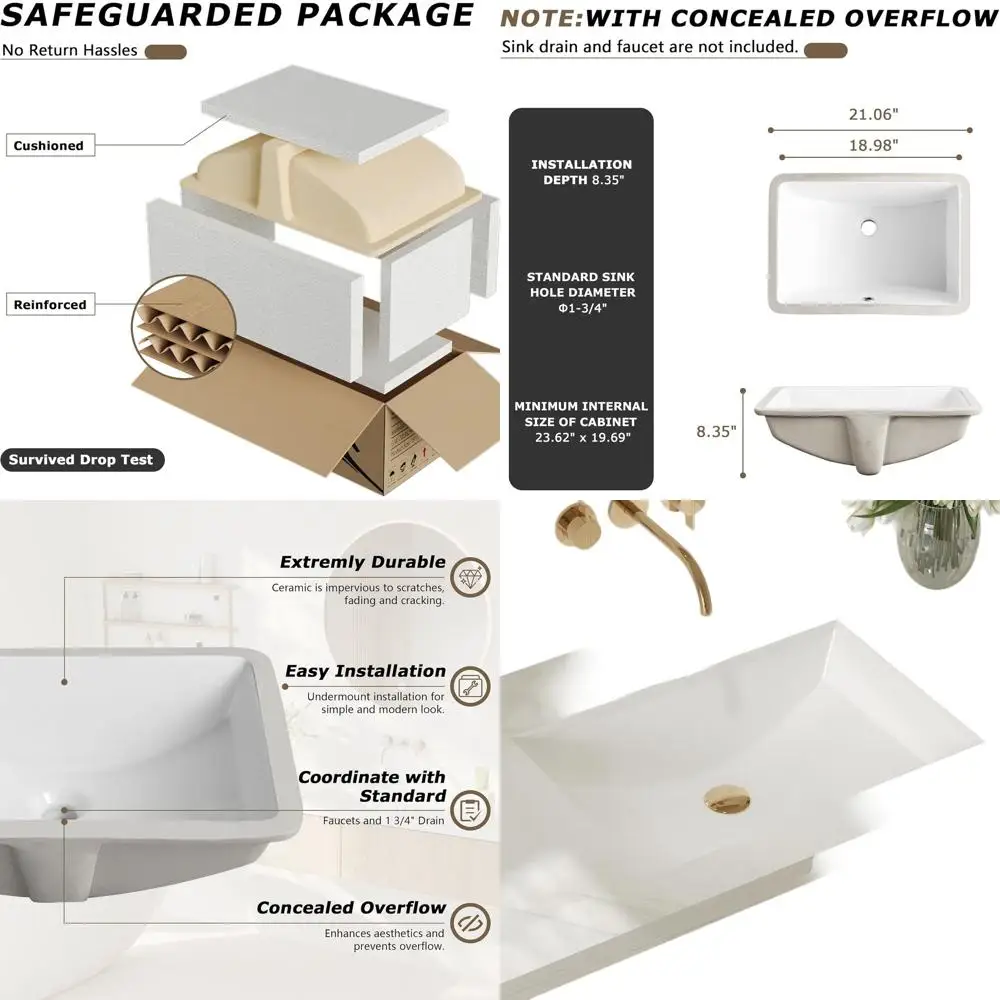 21x15 Inch White Porcelain Undermount Bathroom Sink with Overflow for Deep Basin Vanity Counter Installation
21x15 Inch White Porcelain Undermount Bathroom Sink with Overflow for Deep Basin Vanity Counter Installation