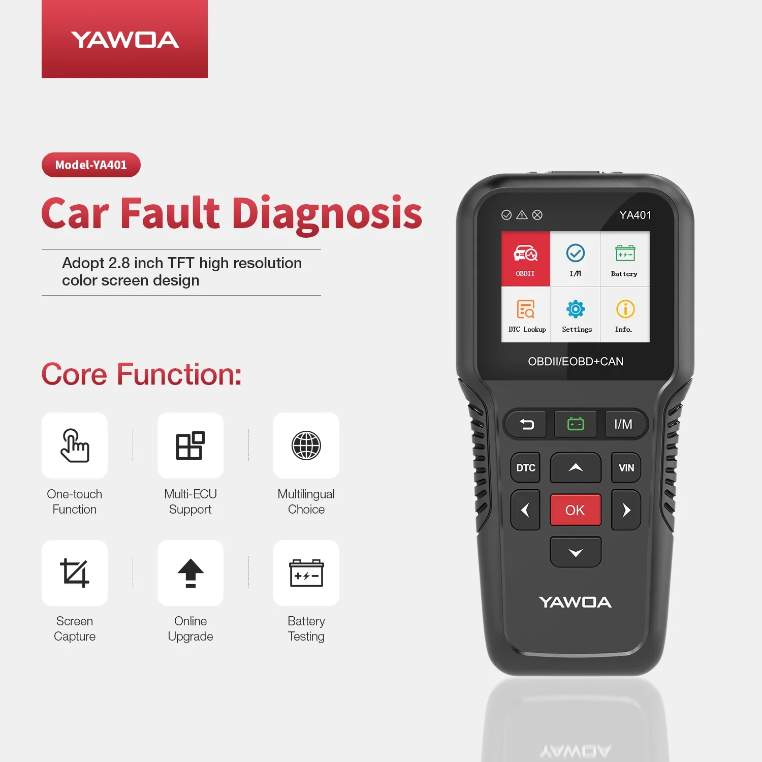 Считыватель кодов OBDII YA401 Сканер Инструмент Полные функции OBD2 проверка аккумулятора Бесплатное обновление считывателя кода
Считыватель кодов OBDII YA401 Сканер Инструмент Полные функции OBD2 проверка аккумулятора Бесплатное обновление считывателя кода