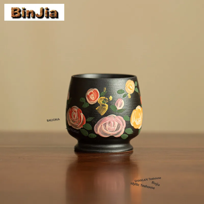 135ml Black Pottery Hand-painted Rose Flower Teacup Zen Tea Bowl Mug Tea-tasting Fragrance Cup Chazhan Master Cups For Tea Craft
135ml Black Pottery Hand-painted Rose Flower Teacup Zen Tea Bowl Mug Tea-tasting Fragrance Cup Chazhan Master Cups For Tea Craft