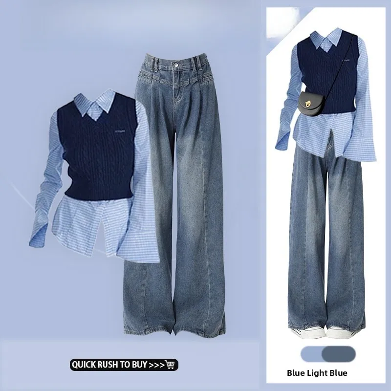 New Arrival Preppy Striped Shirt Layered Vest High Waist Loose Wide Leg Jeans Three Piece Set Women's Fashion Ensemble
New Arrival Preppy Striped Shirt Layered Vest High Waist Loose Wide Leg Jeans Three Piece Set Women's Fashion Ensemble