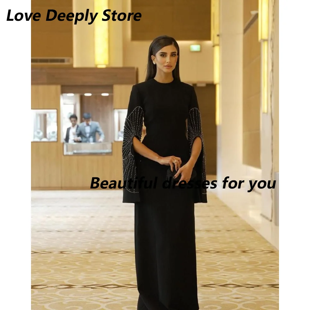 Black Evening Dress Customized Long Sleeves Beading O Neck Floor Length Jersey Saudi Arab Prom Gown Arabian Formal Dresses 2025
Black Evening Dress Customized Long Sleeves Beading O Neck Floor Length Jersey Saudi Arab Prom Gown Arabian Formal Dresses 2025