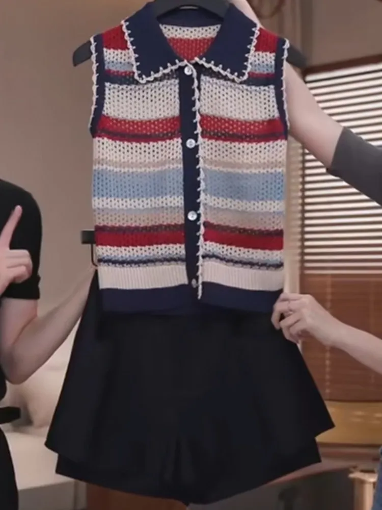 Korean Style Fashionable Knitted Set Women's Summer New Turn-down Collar Stripes A-line Vest Skirt Pants Two-piece Set
Korean Style Fashionable Knitted Set Women's Summer New Turn-down Collar Stripes A-line Vest Skirt Pants Two-piece Set