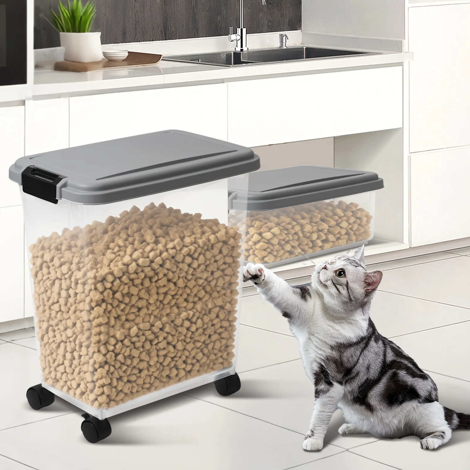 30LBS 11LBS Pet Food Storage Container with Wheels, Clear Plastic Bin with Snap-Lid Seal to Keep Kibble, Pellets Or Seeds Fresh for Dogs, Cats And Birds, 2 Cup Scoop
30LBS 11LBS Pet Food Storage Container with Wheels, Clear Plastic Bin with Snap-Lid Seal to Keep Kibble, Pellets Or Seeds Fresh for Dogs, Cats And Birds, 2 Cup Scoop