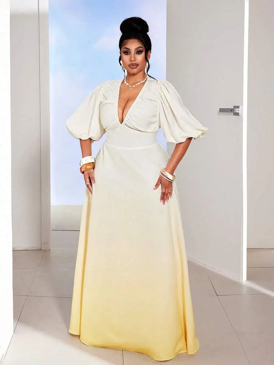 Plus Size V-Neck Ombre Ruched Lantern Sleeve Gown
Plus Size V-Neck Ombre Ruched Lantern Sleeve Gown