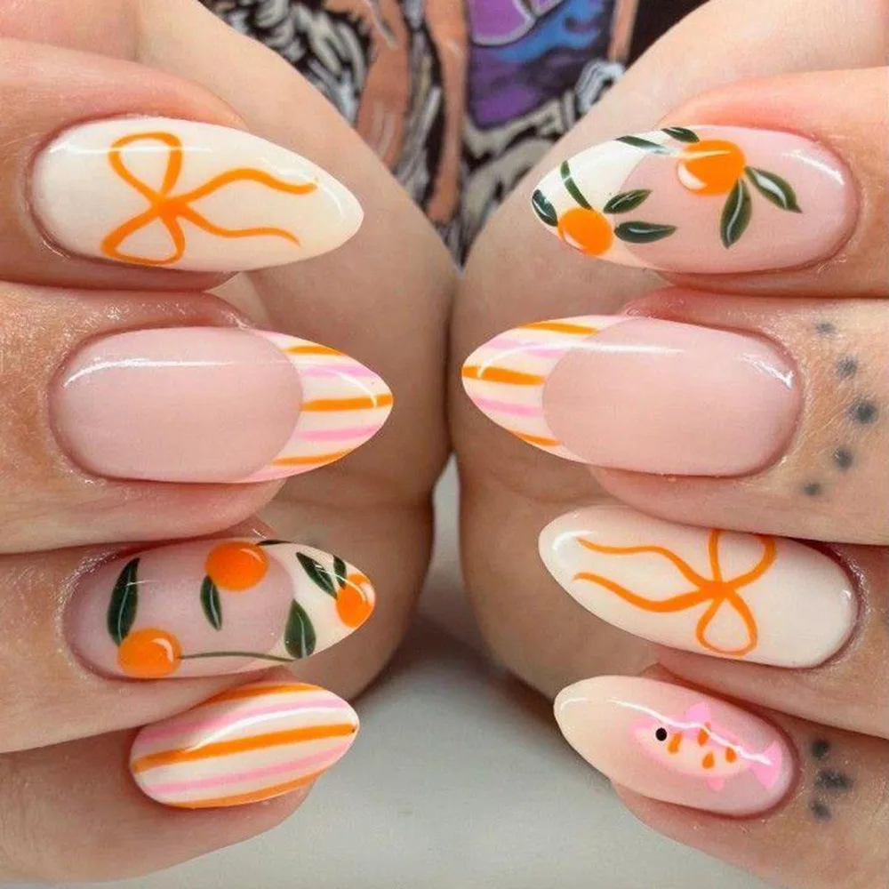 24pcs Short Almond Press on Nails Fresh Orange Style Fake Nails with Green Leaf Summer Vocation Full Cover Detachable Nail Tips
24pcs Short Almond Press on Nails Fresh Orange Style Fake Nails with Green Leaf Summer Vocation Full Cover Detachable Nail Tips