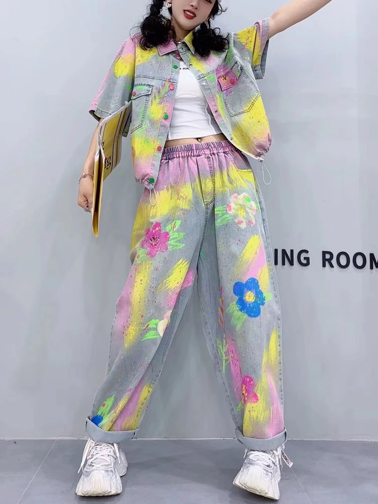 Trendy drawn rhinestone denim fashion suit women's summer short sleeved jacket and personalized color harem pants casual set
Trendy drawn rhinestone denim fashion suit women's summer short sleeved jacket and personalized color harem pants casual set