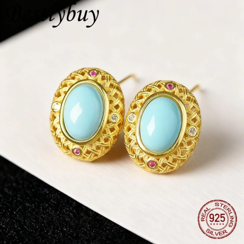 Natural Turquoise Earrings 925 Sterling Silver Gold-plated Original Design Geometric Light Luxury High-end French Earrings For W
Natural Turquoise Earrings 925 Sterling Silver Gold-plated Original Design Geometric Light Luxury High-end French Earrings For W