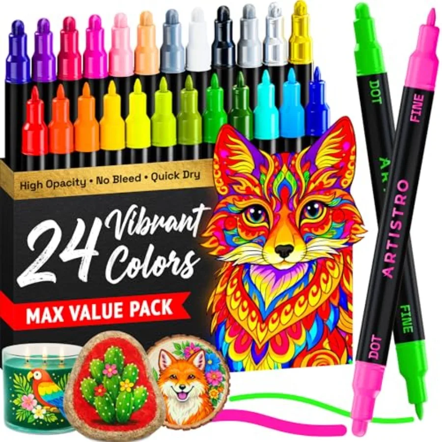 24 Precision Dual-Tip Acrylic Paint Markers Paint Pens Set with Dot and Fine Tips for Fabric, Rock, Glass, Wood, Coloring Books
24 Precision Dual-Tip Acrylic Paint Markers Paint Pens Set with Dot and Fine Tips for Fabric, Rock, Glass, Wood, Coloring Books