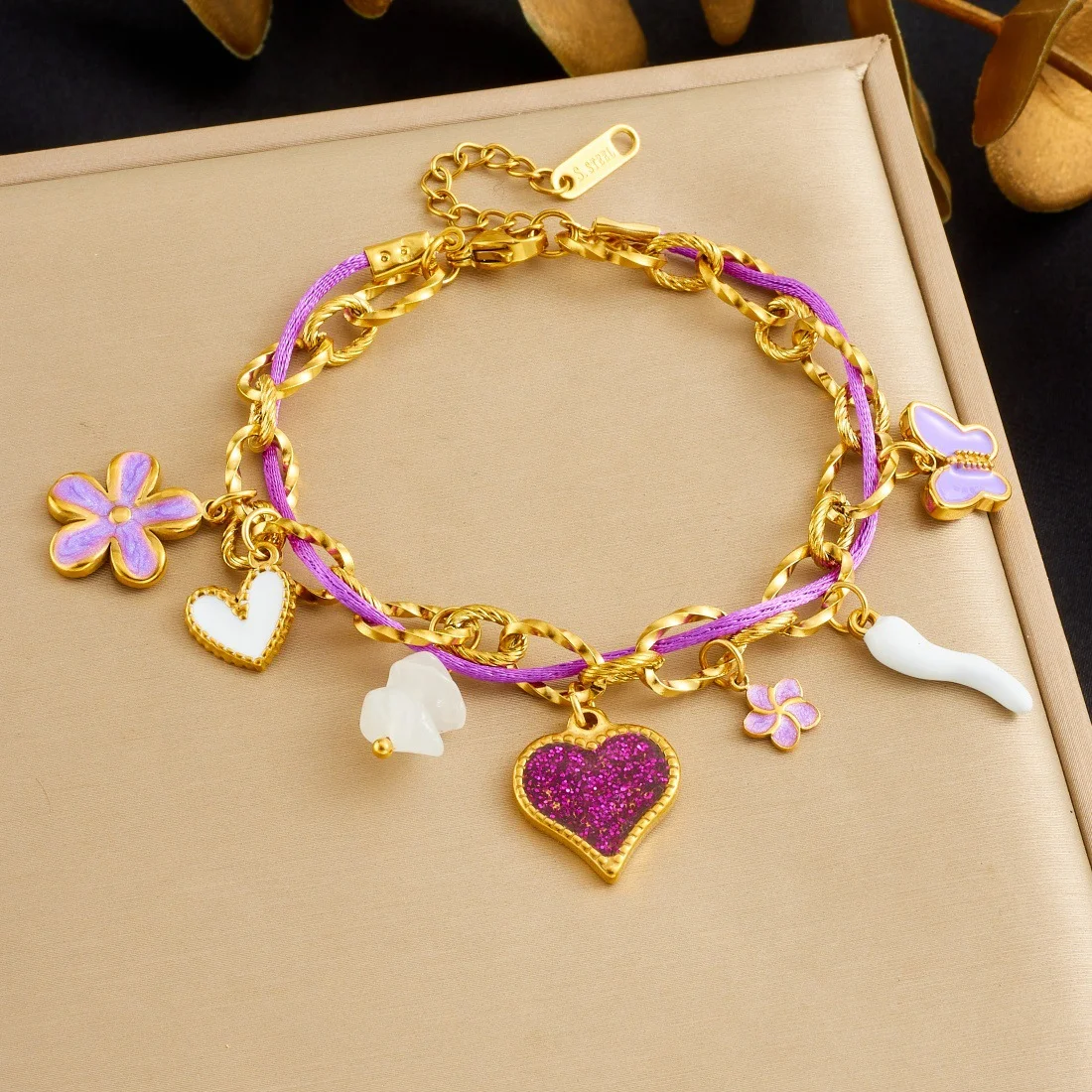 Purple Cord Wrap Charm Bracelet 316L Stainless Steel Enamel Flower Butterfly Glitter Heart Stone Multi Charms Women Boho Jewelry
Purple Cord Wrap Charm Bracelet 316L Stainless Steel Enamel Flower Butterfly Glitter Heart Stone Multi Charms Women Boho Jewelry