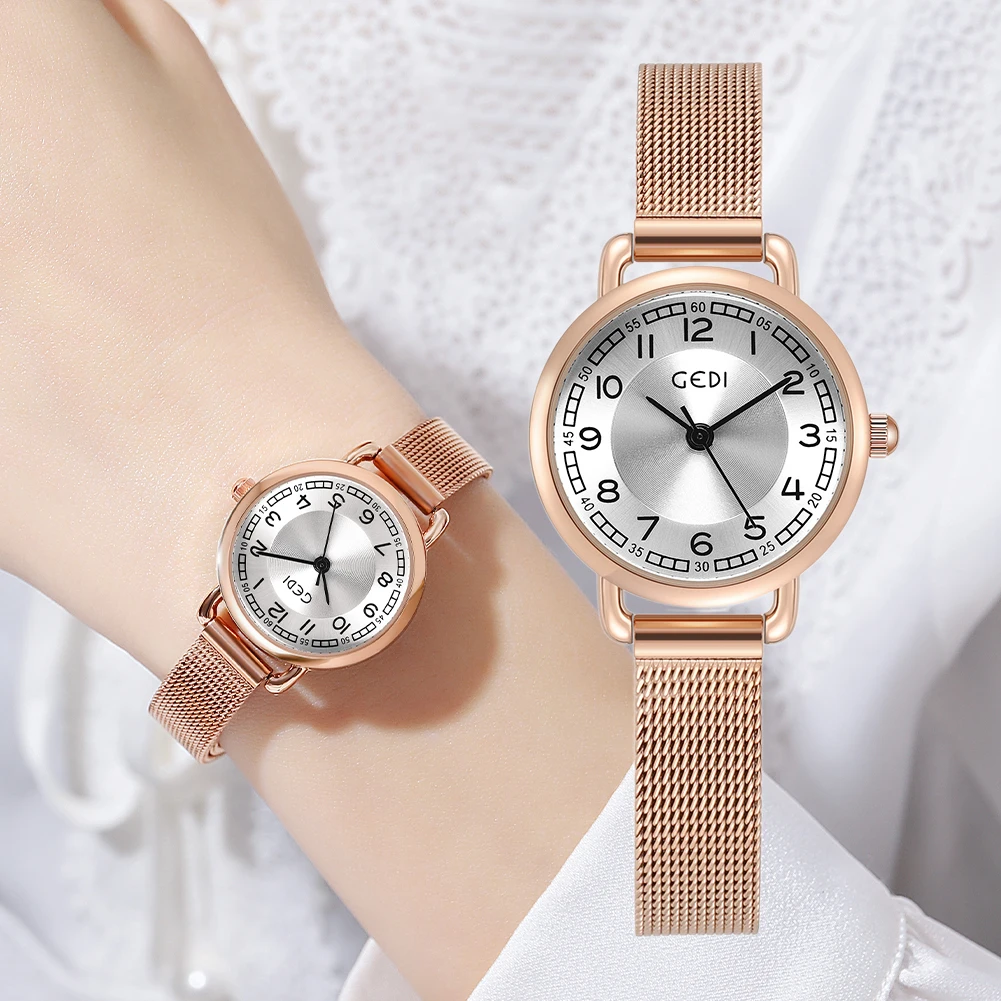 GEDI Elegant Rose Gold Ladies Watches Milanese Steel Strap Arabic Numeral Index Luxury Waterproof Quartz Wrist Watch for Women
GEDI Elegant Rose Gold Ladies Watches Milanese Steel Strap Arabic Numeral Index Luxury Waterproof Quartz Wrist Watch for Women