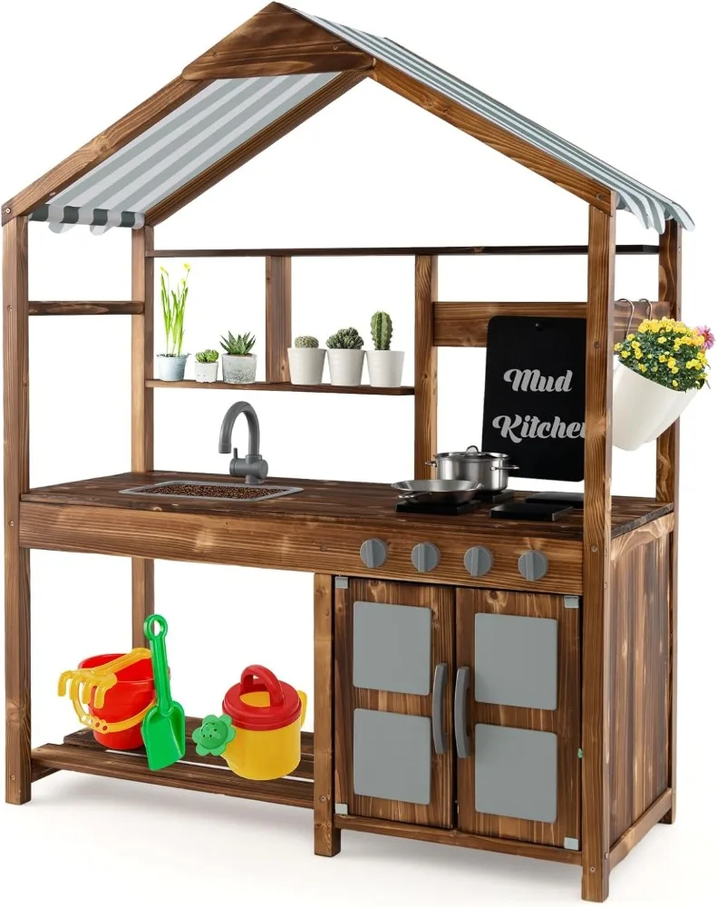 Mud Kitchen with Canopy, Fir Wood Play Kitchen for Toddlers, Garden Sink, Stoves, Chalkboard, Storage Cabinet, Flowerpot
Mud Kitchen with Canopy, Fir Wood Play Kitchen for Toddlers, Garden Sink, Stoves, Chalkboard, Storage Cabinet, Flowerpot