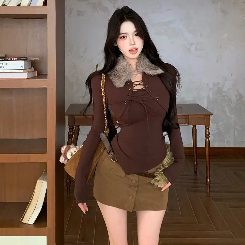 2026 Spring Long Sleeve Faux Fur Sweater Women 2000s American Vintage Pullover Korean Fashion Outwear Sexy Lace-up Blouse Y2k
2026 Spring Long Sleeve Faux Fur Sweater Women 2000s American Vintage Pullover Korean Fashion Outwear Sexy Lace-up Blouse Y2k