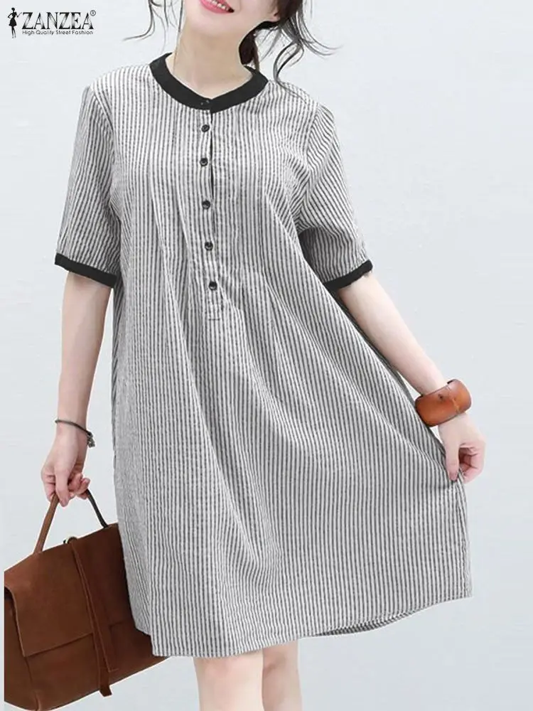 ZANZEA Elegant Striped Dress 2025 Fashion Short Sleeve Vintage Printed Sundress Casual Loose Mini Robe Oversized S-3XL 
ZANZEA Elegant Striped Dress 2025 Fashion Short Sleeve Vintage Printed Sundress Casual Loose Mini Robe Oversized S-3XL