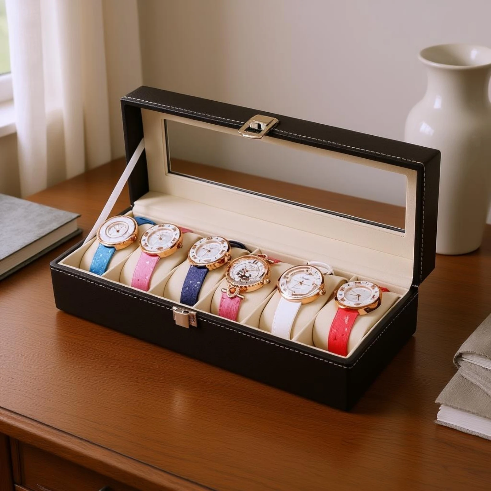 6 Slot Watch Box Padded Compartments Glass Lid Watch Display Case Timepiece Organizer Clear Window Latch Closure
6 Slot Watch Box Padded Compartments Glass Lid Watch Display Case Timepiece Organizer Clear Window Latch Closure