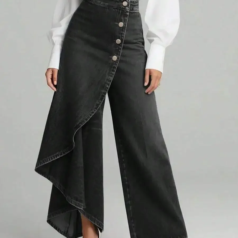 Women High Waisted Denim Wide Leg Pants With Asymmetrical Skirt Overlay Button Up Skort Trousers
Women High Waisted Denim Wide Leg Pants With Asymmetrical Skirt Overlay Button Up Skort Trousers