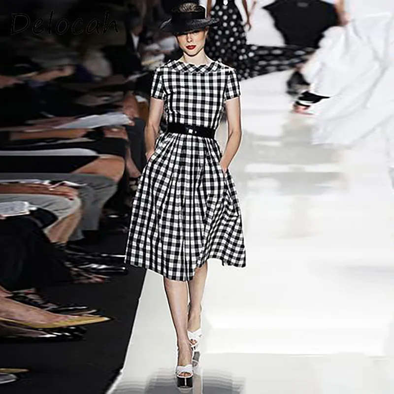 Deloach Spring/Summer Fashion Women's Cotton Slash Neck Waist Black Splicing Black and White checkered Short Sleeve Waist Dress
Deloach Spring/Summer Fashion Women's Cotton Slash Neck Waist Black Splicing Black and White checkered Short Sleeve Waist Dress