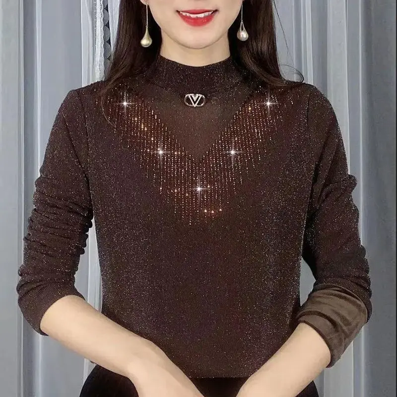 Autumn Winter Women Bright Silk Diamonds Elegant Basic Tops Fashion Mesh Half High Collar Slim Long Sleeve Plush Thick T-shirt
Autumn Winter Women Bright Silk Diamonds Elegant Basic Tops Fashion Mesh Half High Collar Slim Long Sleeve Plush Thick T-shirt