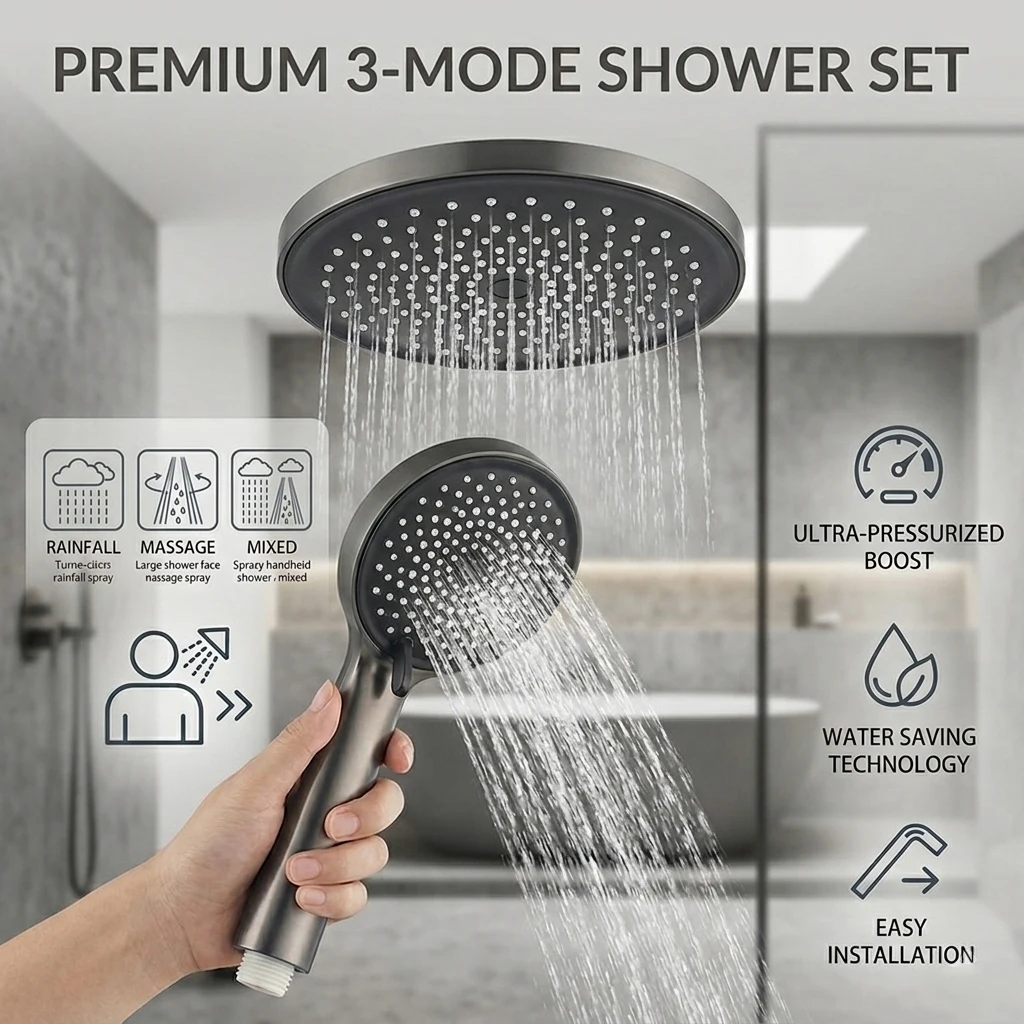 Pressurized Overhead Rain Shower &3-Mode Handheld,High Flow SPA Shower,Water Saving,Easy DIY Installation,Modern Home Shower Set
Pressurized Overhead Rain Shower &3-Mode Handheld,High Flow SPA Shower,Water Saving,Easy DIY Installation,Modern Home Shower Set