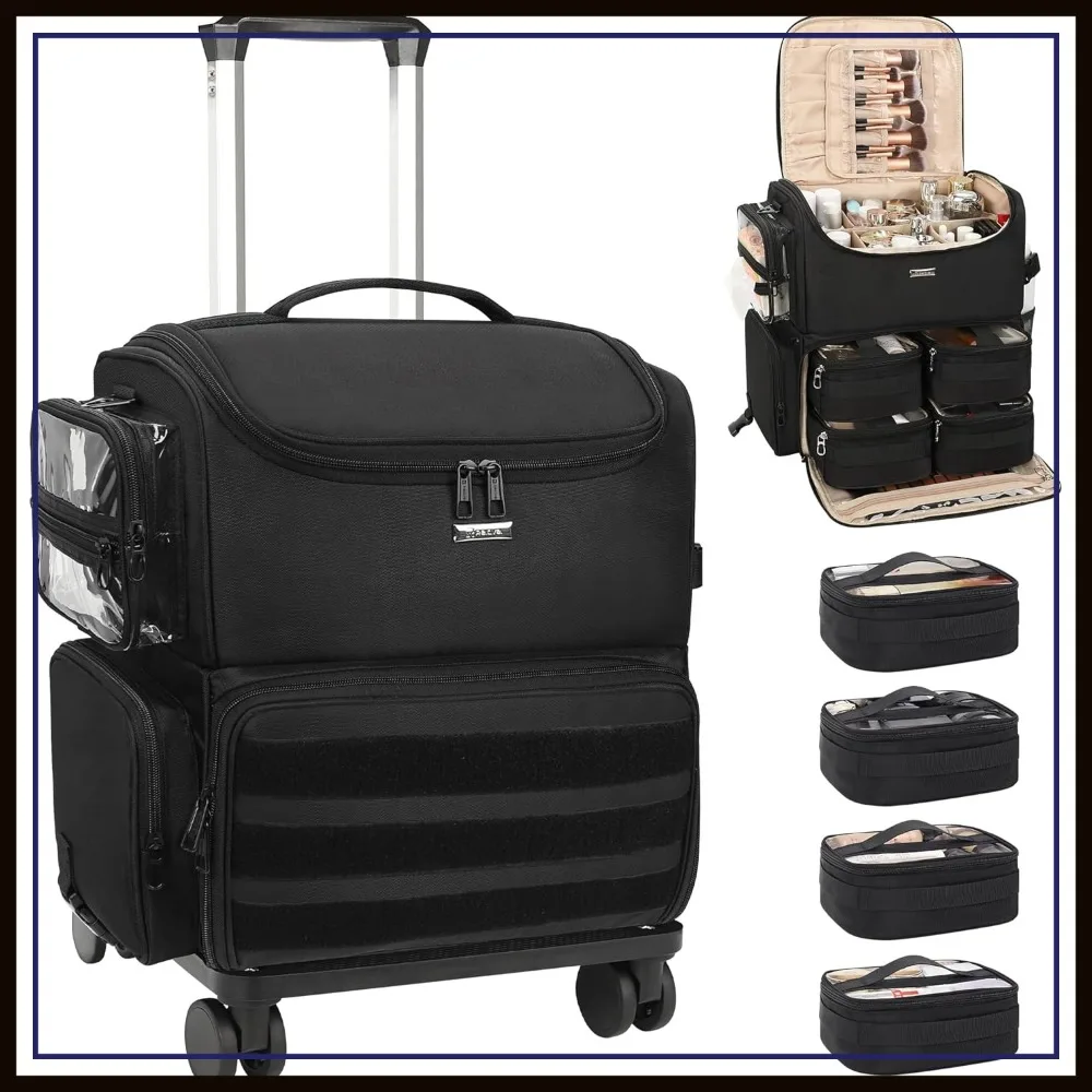 Rolling Makeup Train Case with Wheels, 4 Clear Bags, Adjustable Dividers, 360° Spinner Wheels, Black
Rolling Makeup Train Case with Wheels, 4 Clear Bags, Adjustable Dividers, 360° Spinner Wheels, Black