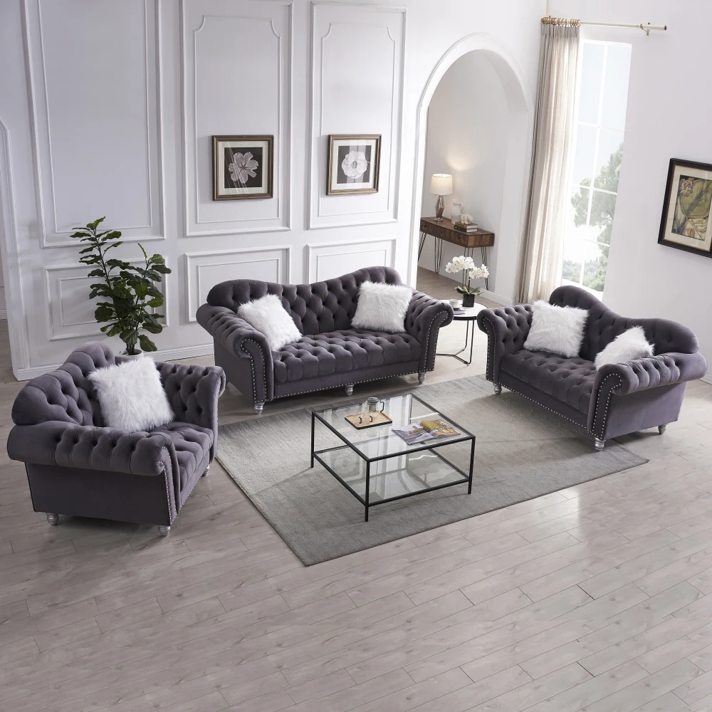 3pcs Living Room Sofa Set(3-Seater Sofa+Loveseat +Sofa Chair), Couch Set with Button & Copper Nail &5 Pillow,Funiture Sets
3pcs Living Room Sofa Set(3-Seater Sofa+Loveseat +Sofa Chair), Couch Set with Button & Copper Nail &5 Pillow,Funiture Sets