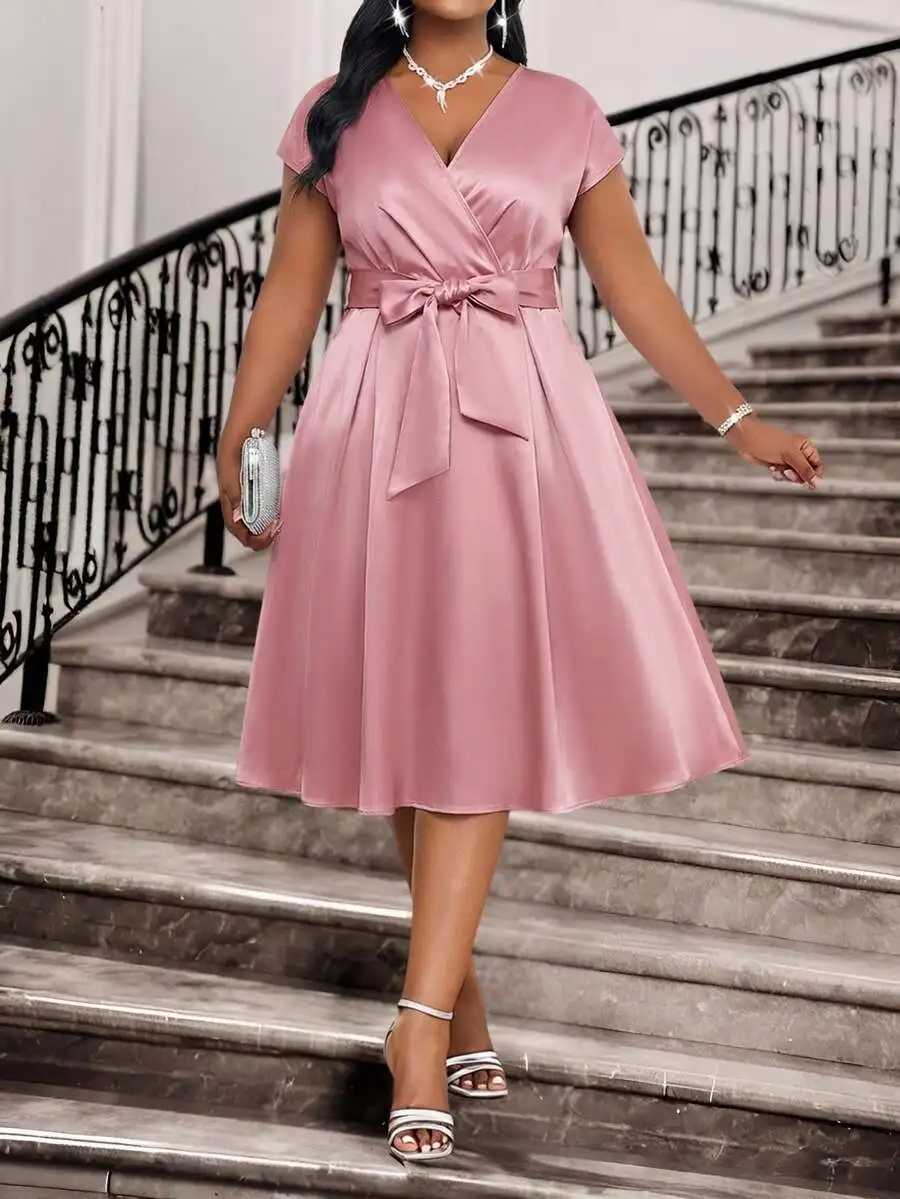 Elegant Pink Satin Wrap V-Neck Midi Dress With Bow Belt Short Sleeve
Elegant Pink Satin Wrap V-Neck Midi Dress With Bow Belt Short Sleeve