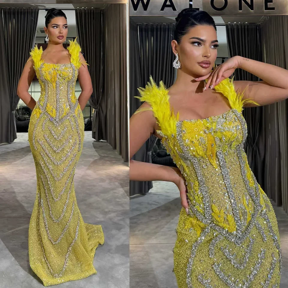 Luxury Mermaid Evening Dresses Elegant Beaded Sequined Feather Square Neck Prom Dress Crystal Celebrity Gown Customized
Luxury Mermaid Evening Dresses Elegant Beaded Sequined Feather Square Neck Prom Dress Crystal Celebrity Gown Customized