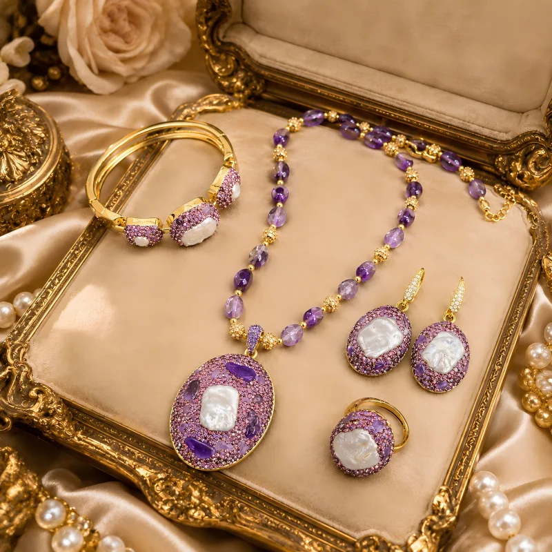 Vintage Baroque Pearl Look Purple Crystal Jewelry Set for Women Necklace Bracelet Earrings Ring Party Wedding Gift
Vintage Baroque Pearl Look Purple Crystal Jewelry Set for Women Necklace Bracelet Earrings Ring Party Wedding Gift