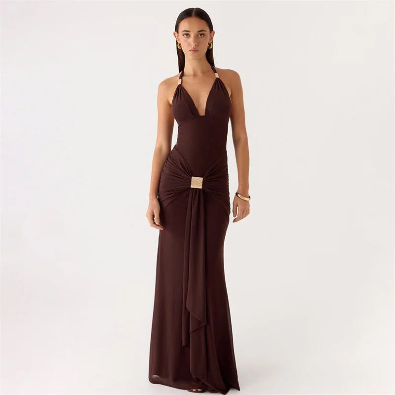 Summer Brown Prom Dress Sexy Halter Neck Sleeveless Backless Long Sheath Party Gown Formal Wedding Holiday Birthday Evening Robe
Summer Brown Prom Dress Sexy Halter Neck Sleeveless Backless Long Sheath Party Gown Formal Wedding Holiday Birthday Evening Robe