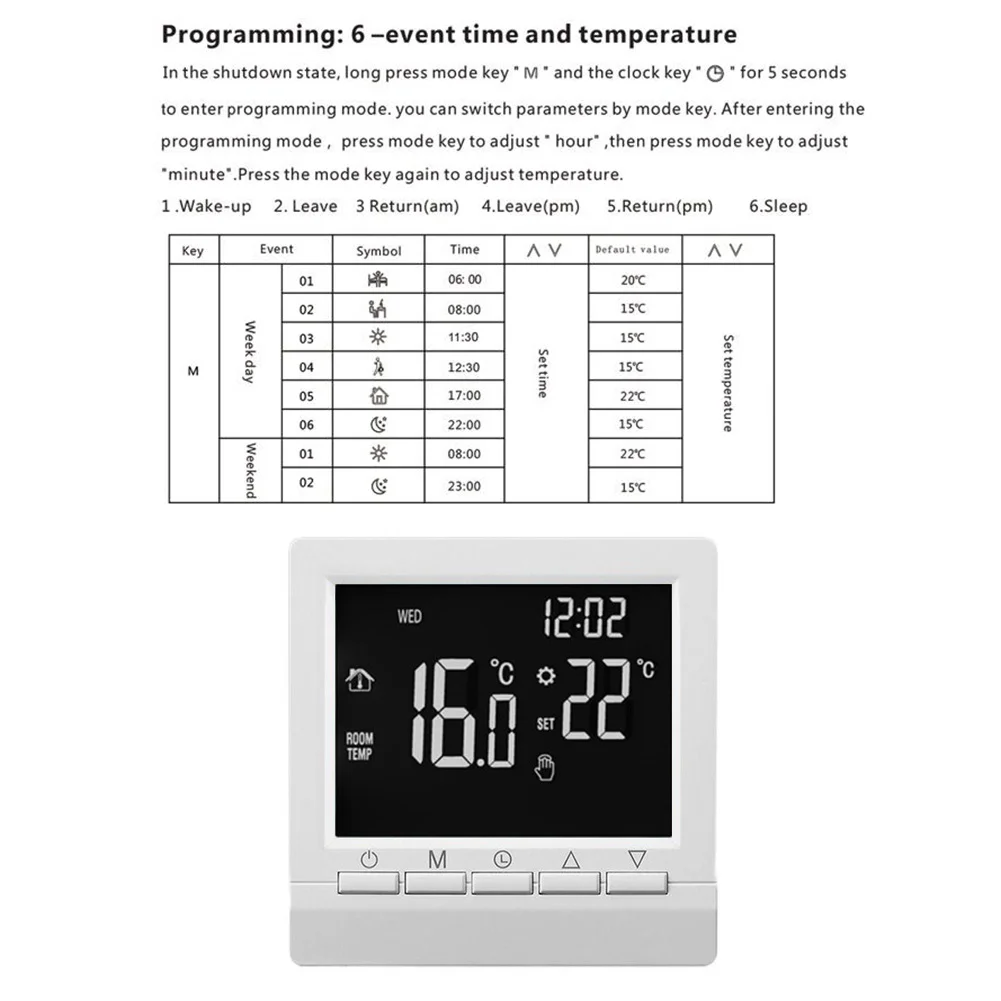 Программируемый комнатный термостат, цифровой регулятор температуры с ЖК-дисплеем для проводной системы отопления котла, антифриз и блокировка от детей
Программируемый комнатный термостат, цифровой регулятор температуры с ЖК-дисплеем для проводной системы отопления котла, антифриз и блокировка от детей