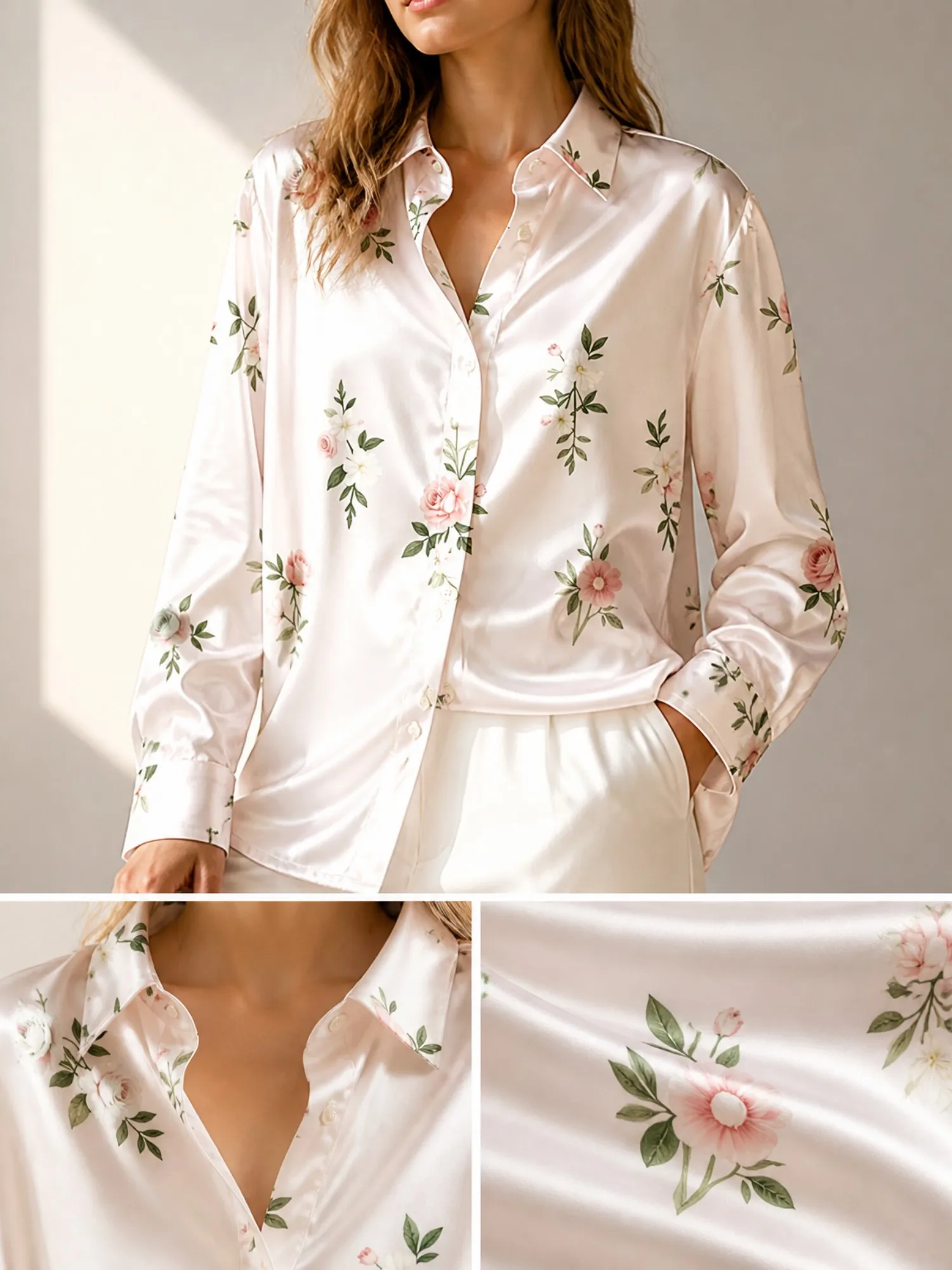 Ivory Pink Floral Satin Blouse for Women Long Sleeve Button Down Shirt Soft Garden Office Elegant Silky Fashion Top New Chic Fit
Ivory Pink Floral Satin Blouse for Women Long Sleeve Button Down Shirt Soft Garden Office Elegant Silky Fashion Top New Chic Fit