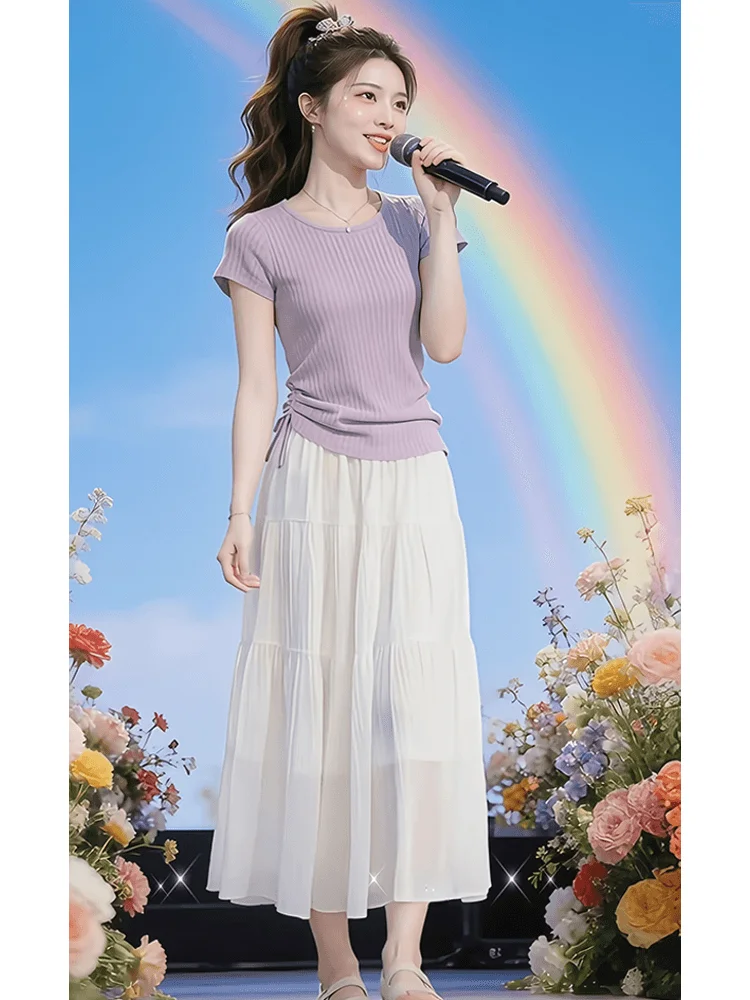 Summer Fashion Set Women's Slim Fit round Neck Knitted Short Sleeve T-Shirt And White Half Length Skirt Two Piece Casual Outfit
Summer Fashion Set Women's Slim Fit round Neck Knitted Short Sleeve T-Shirt And White Half Length Skirt Two Piece Casual Outfit