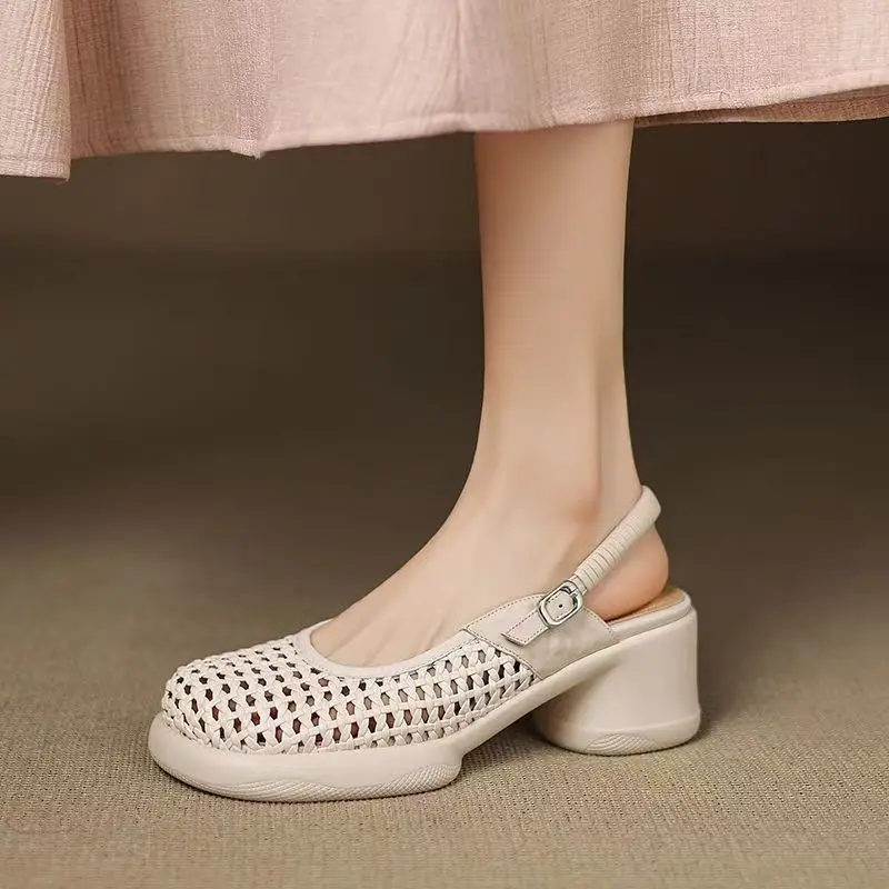 Women Leather Woven Baotou Block Heel Sandals Summer New Thick Sole Non Slip Round Toe Hollow Out Slip On High Heel Sandals
Women Leather Woven Baotou Block Heel Sandals Summer New Thick Sole Non Slip Round Toe Hollow Out Slip On High Heel Sandals