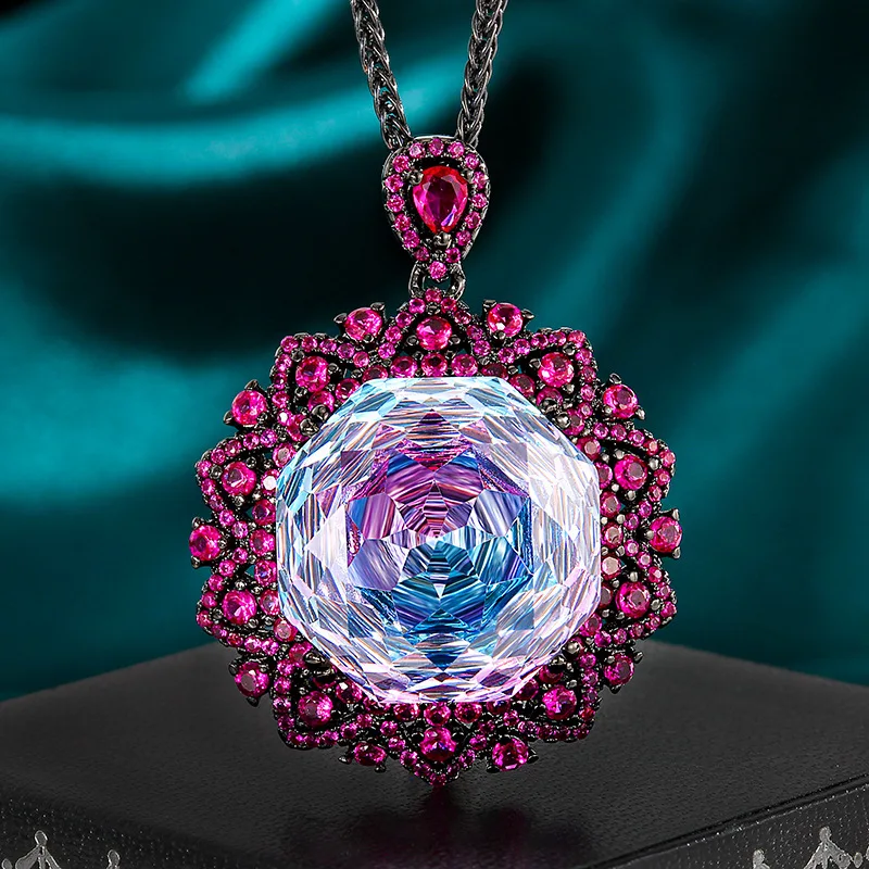 Vintage Floral Pendant Necklace Fuchsia Accented Octagonal Cut Colorful CZ Statement Jewelry for Women Wear Black Metal Chain
Vintage Floral Pendant Necklace Fuchsia Accented Octagonal Cut Colorful CZ Statement Jewelry for Women Wear Black Metal Chain