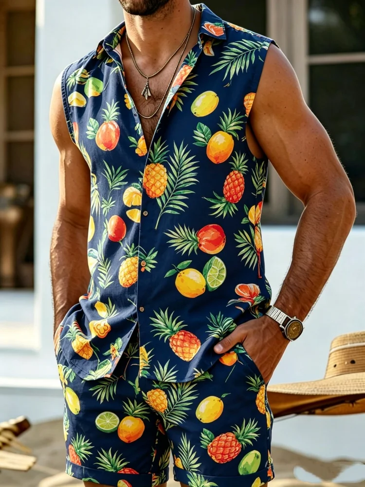 Men's Sleeveless Button-Down Shirt & Shorts Set, Loose Comfort Navy Tropical Fruit Print Casual Summer Outfit
Men's Sleeveless Button-Down Shirt & Shorts Set, Loose Comfort Navy Tropical Fruit Print Casual Summer Outfit