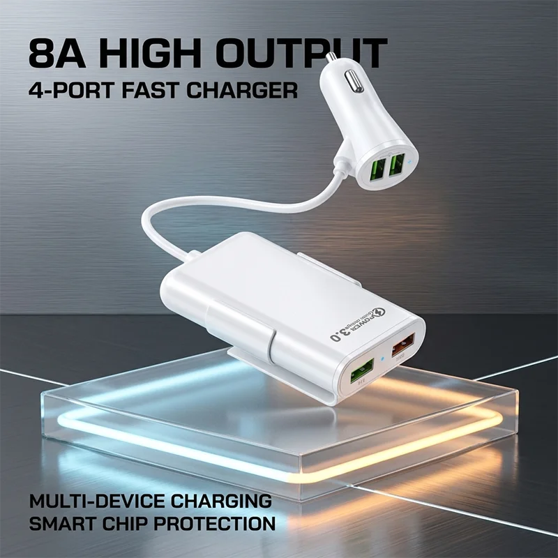 4-Port USB Fast Car Charger 8A 40W Quick Charge 3.0 with Backseat Extension Cable and Mounting Clip For Smartphone Tablet Camera
4-Port USB Fast Car Charger 8A 40W Quick Charge 3.0 with Backseat Extension Cable and Mounting Clip For Smartphone Tablet Camera