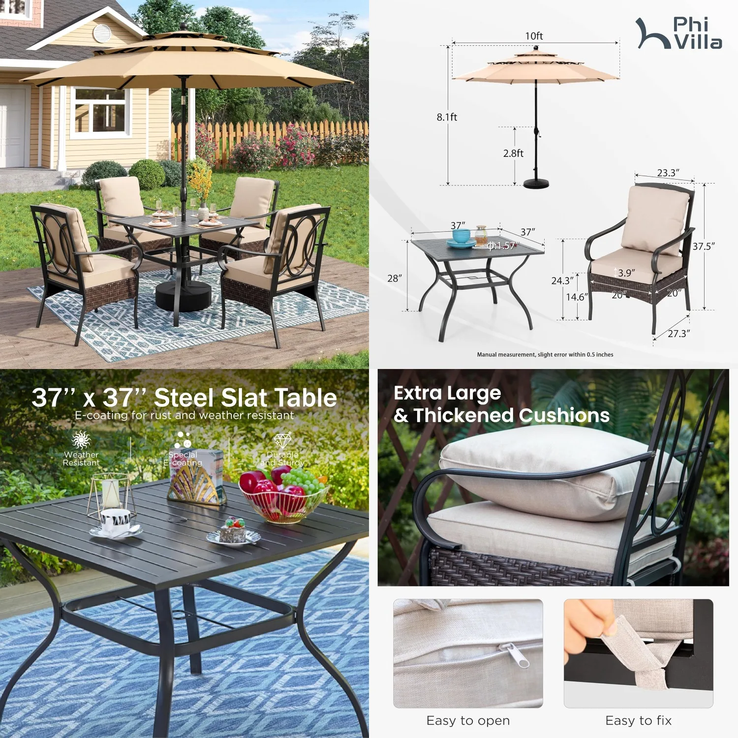 All-Weather Square Patio Dining Table & 4 Metal Wicker Chairs with Umbrella Hole Cushions for Deck, Customized
All-Weather Square Patio Dining Table & 4 Metal Wicker Chairs with Umbrella Hole Cushions for Deck, Customized