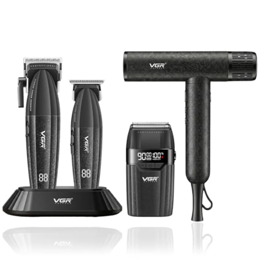 Home barber grooming kit: stainless steel, black, 4-in-1 cordless clippers with 9000RPM motor, foil shaver, and 110000RPM dryer
Home barber grooming kit: stainless steel, black, 4-in-1 cordless clippers with 9000RPM motor, foil shaver, and 110000RPM dryer