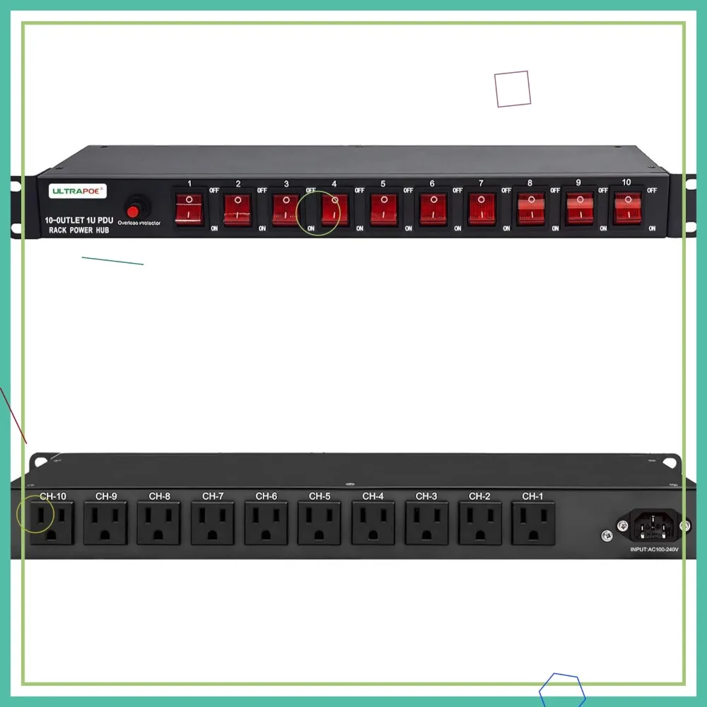 10-Outlet Rack Mount PDU with Overload Protector, 100-240V/15A for Servers, Power Conditioner with Switches and Cord
10-Outlet Rack Mount PDU with Overload Protector, 100-240V/15A for Servers, Power Conditioner with Switches and Cord