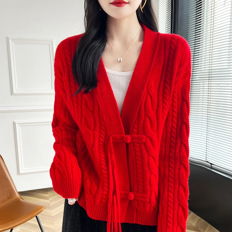 Fashion short cardigan women's V-neck sweater 2024 new knitted autumn and winter warm women's long sleeved 100 wool sweater
Fashion short cardigan women's V-neck sweater 2024 new knitted autumn and winter warm women's long sleeved 100 wool sweater