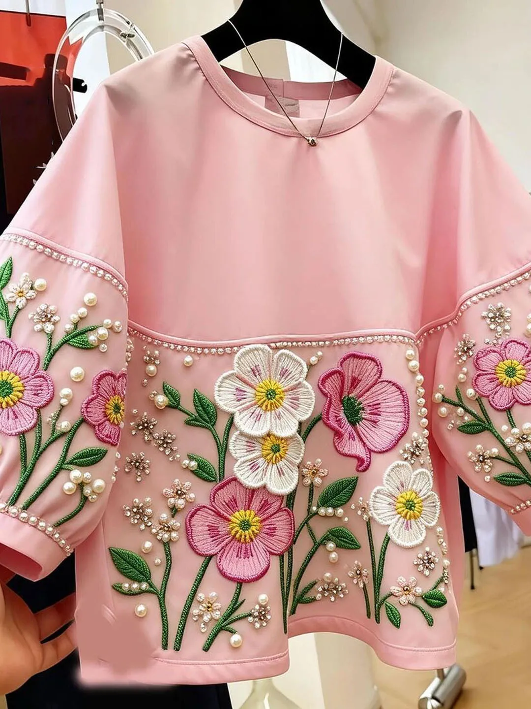 Elegant Beaded Flower Original Design Top for Women Summer Commute Style Loose Fit Short Sleeve round Neck Antifouling
Elegant Beaded Flower Original Design Top for Women Summer Commute Style Loose Fit Short Sleeve round Neck Antifouling
