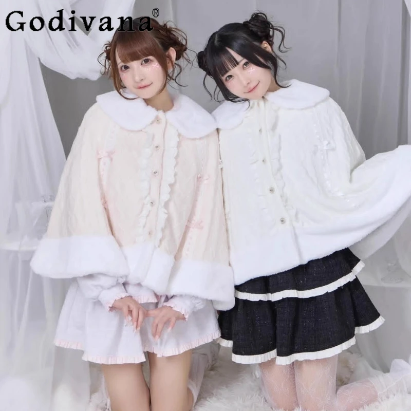 Japanese Sweet Lolita Knit Cloak 2025 Autumn Winter New Girl's Sweet Knitted Shorts Jacket Women's Loose Capes Princess Ponchos 
Japanese Sweet Lolita Knit Cloak 2025 Autumn Winter New Girl's Sweet Knitted Shorts Jacket Women's Loose Capes Princess Ponchos