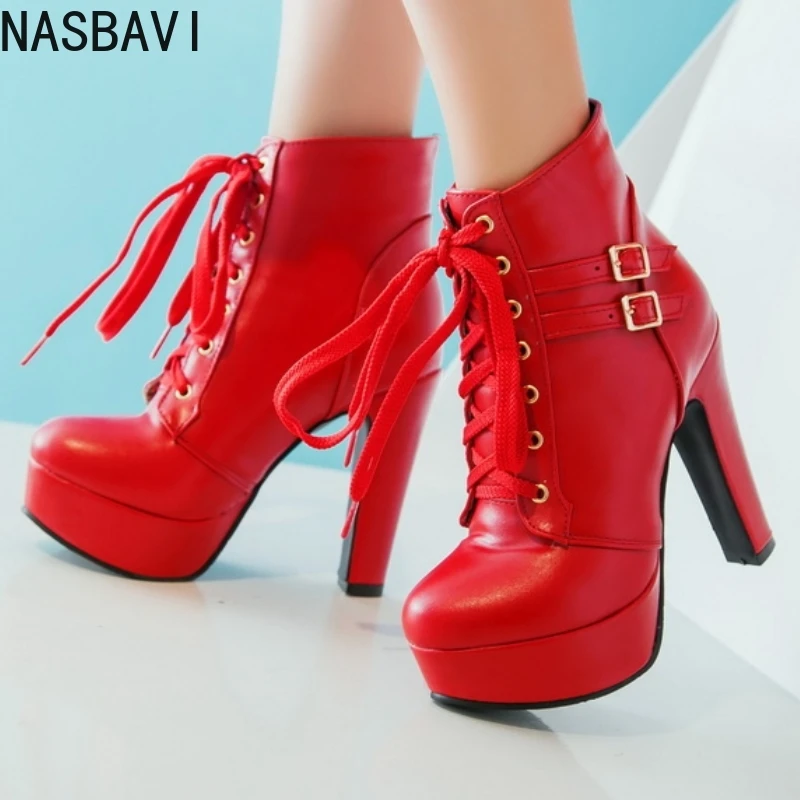 Red Women's Ankle Boots Autumn Winter Short Boot Shoes Platform Black White High Heels Lace-up Footwear Shoes Lady Large Size 44 
Red Women's Ankle Boots Autumn Winter Short Boot Shoes Platform Black White High Heels Lace-up Footwear Shoes Lady Large Size 44