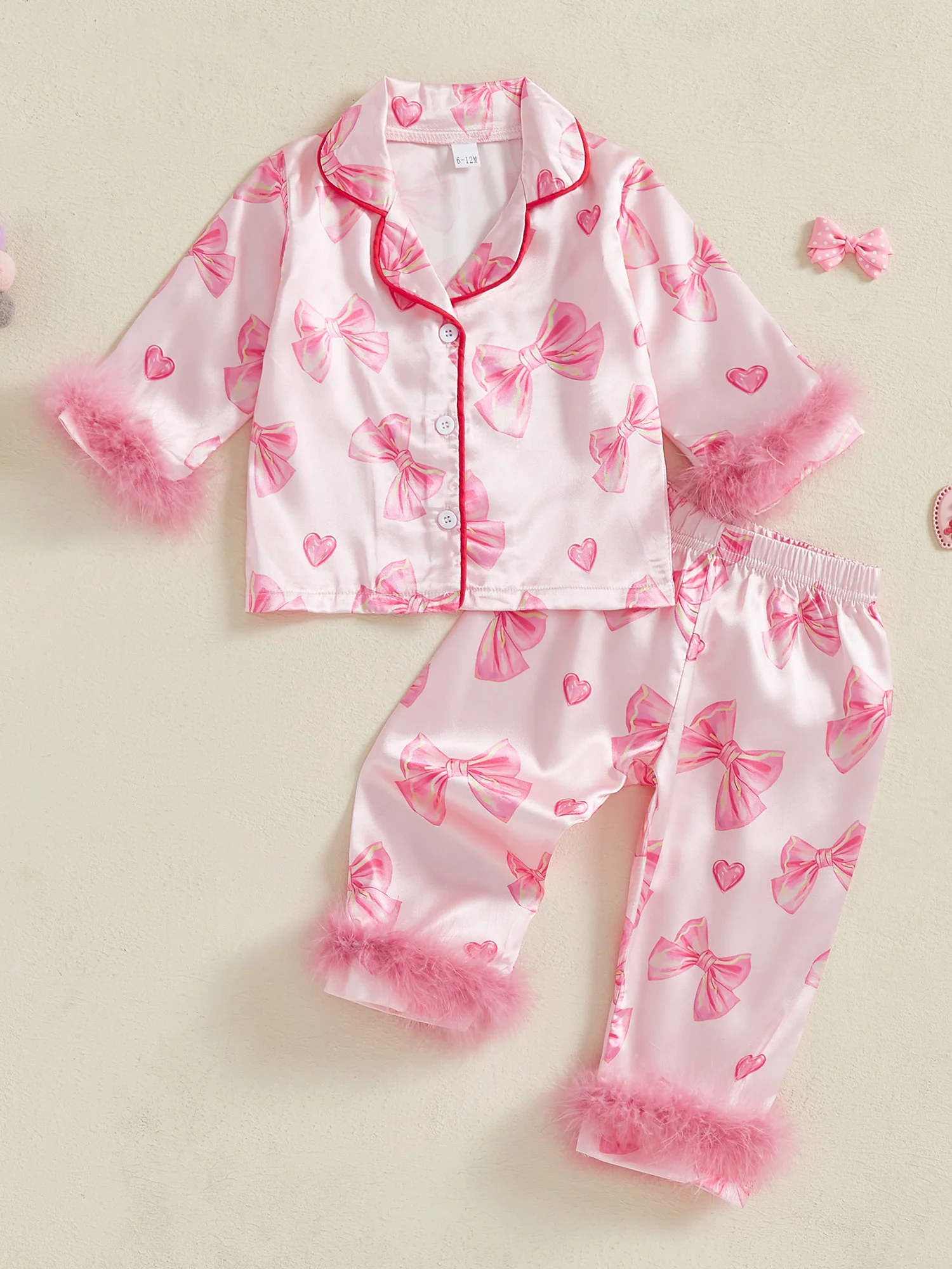 Kid Clothes Girl Satin Pajamas Set Bow Print Feather Cuffs Long Sleeve Lapel Button Down Tops with Pants Sleepwear
Kid Clothes Girl Satin Pajamas Set Bow Print Feather Cuffs Long Sleeve Lapel Button Down Tops with Pants Sleepwear