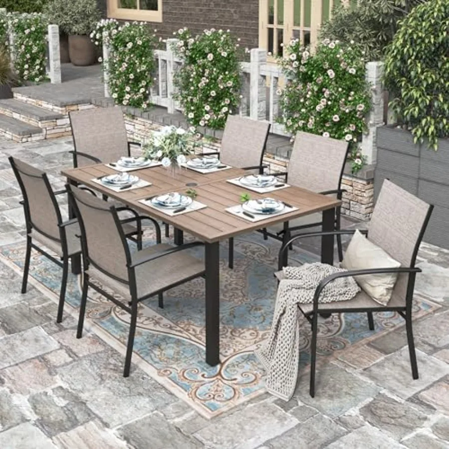 Patio Table and Chairs for 6, 7 Pieces Outdoor Deck Dining Sets, Wood-Like Rectangular Metal Table Set with Chairs for Lawn Gar
Patio Table and Chairs for 6, 7 Pieces Outdoor Deck Dining Sets, Wood-Like Rectangular Metal Table Set with Chairs for Lawn Gar